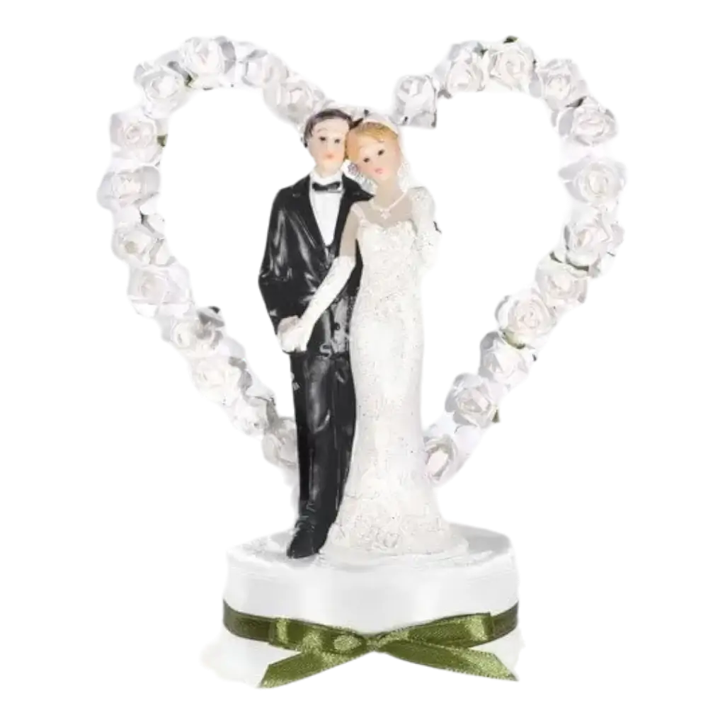 Figurina di matrimonio di coppia su cuore bianco 