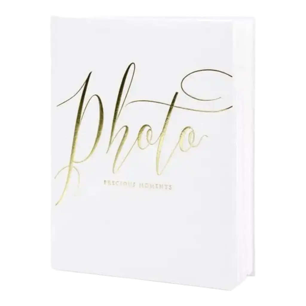 Album fotografico bianco con scritta in oro