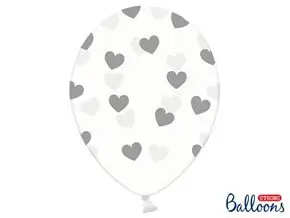 Confezione da 50 palloncini trasparenti con motivi a cuore argento