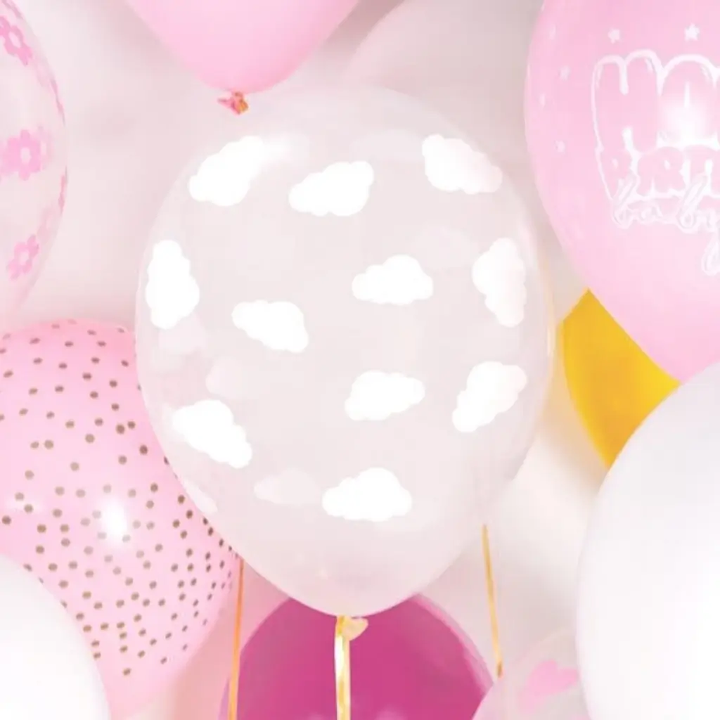 Confezione da 50 palloncini trasparenti con motivo a nuvole bianche