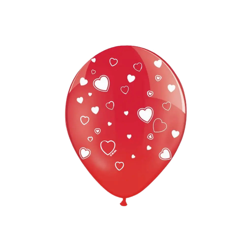 Confezione da 6 palloncini rossi con disegno di cuori bianchi