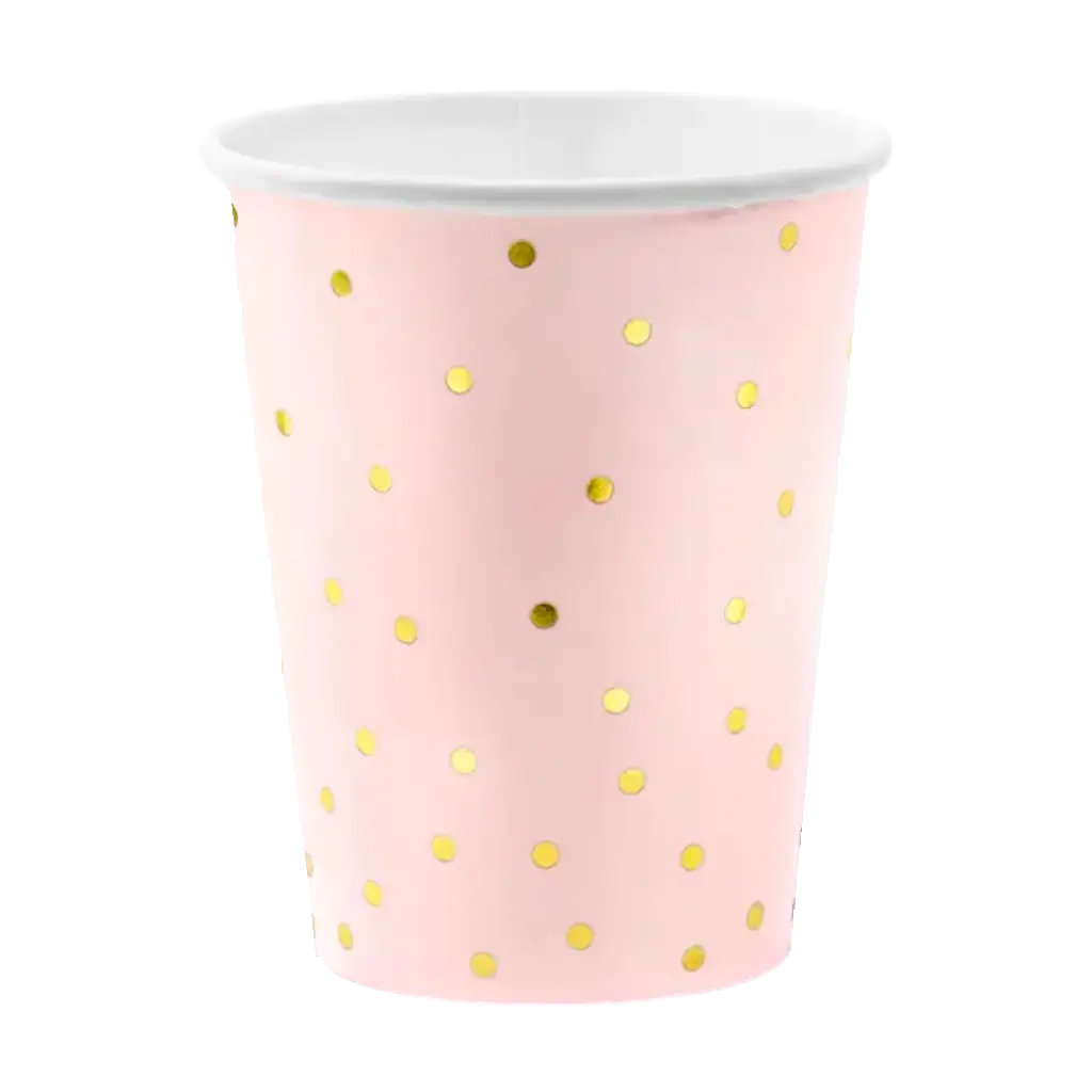 Set di 6 bicchieri di carta rosa con motivo a pois d'oro