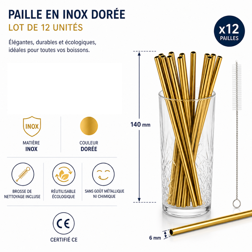 Riutilizzabile in acciaio inox paglia Oro 14cm /ø6mm (12pz)