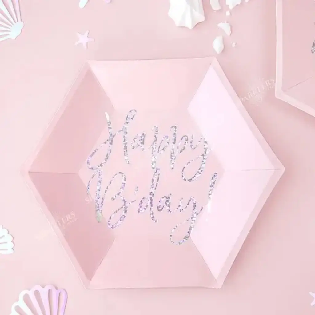 Buon Compleanno Iridescente Piatto di carta rosa iridescente (Set di 6)