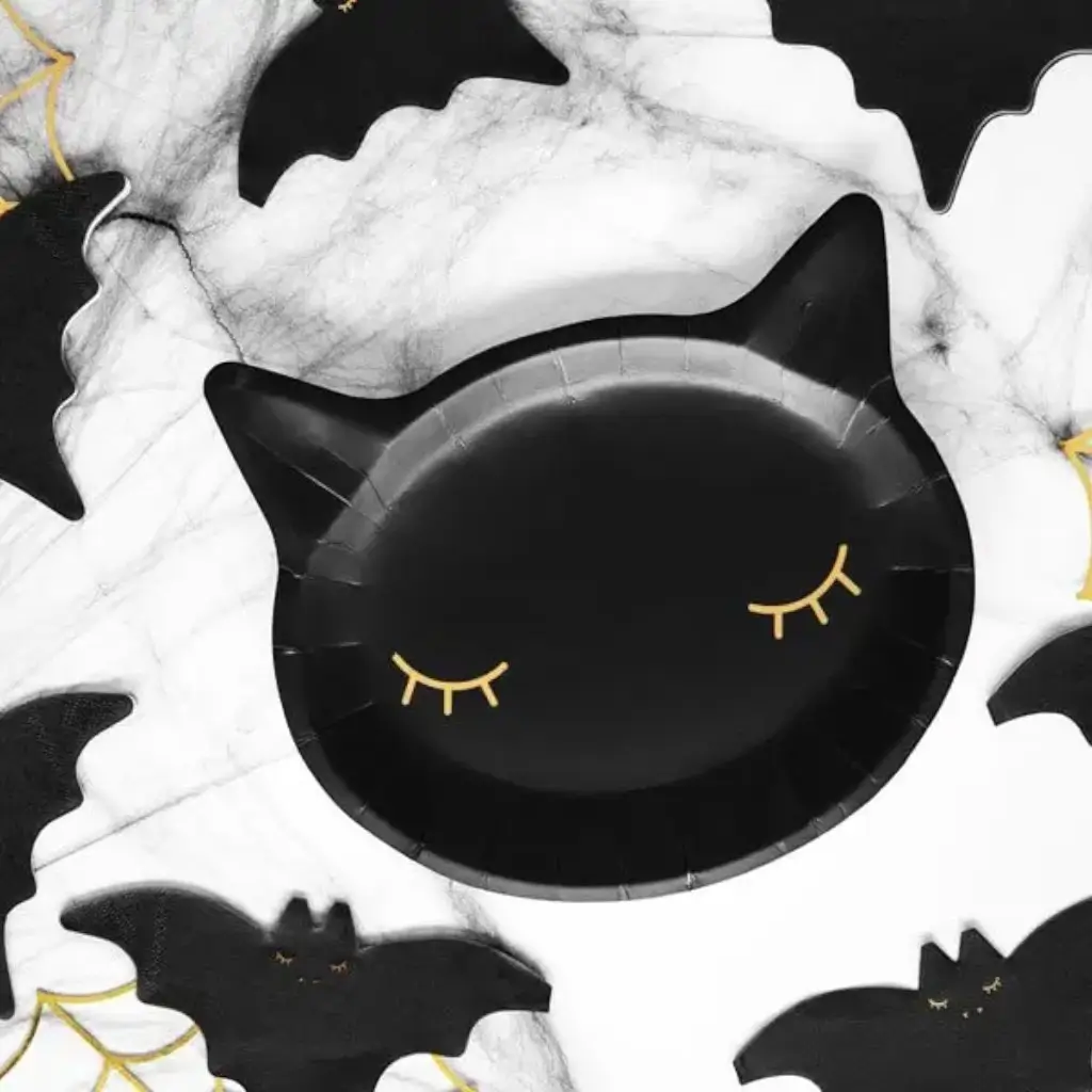Piastra di carta nera a forma di testa di gatto (Set di 6)