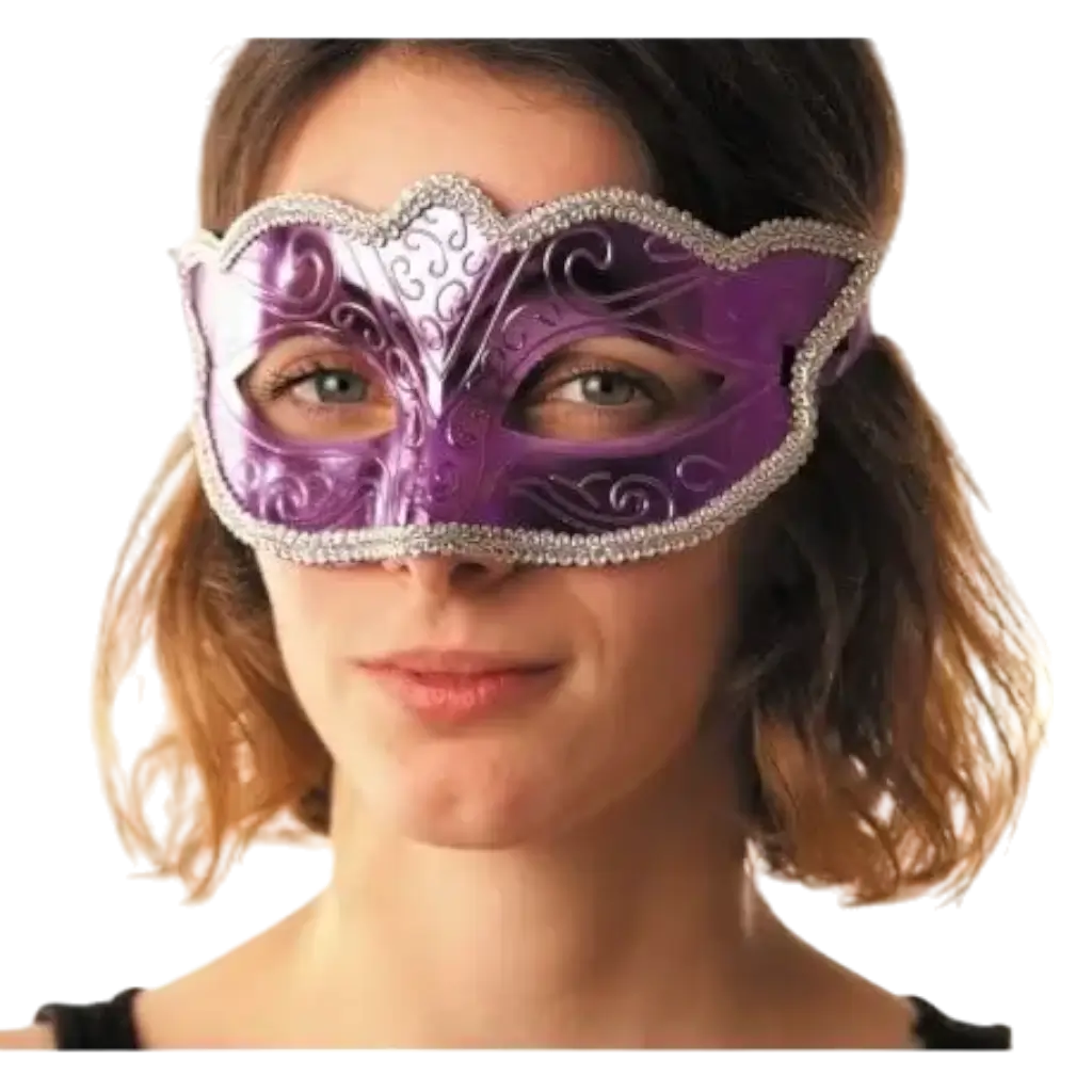 Maschera burlesca viola veneziana con contorno d'argento