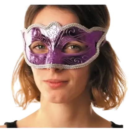 Maschera burlesca viola veneziana con contorno d'argento