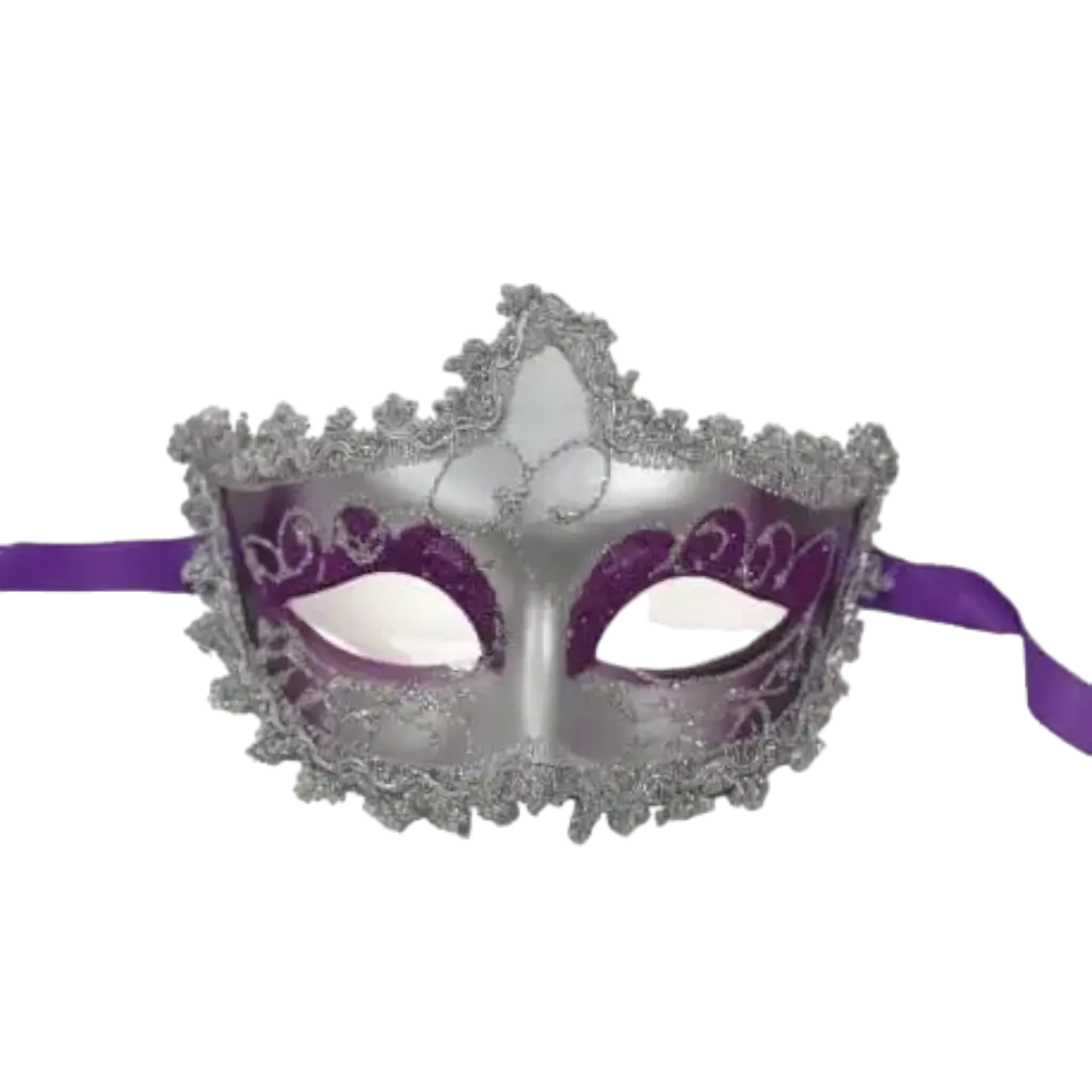 Maschera viola veneziana con contorno d'argento