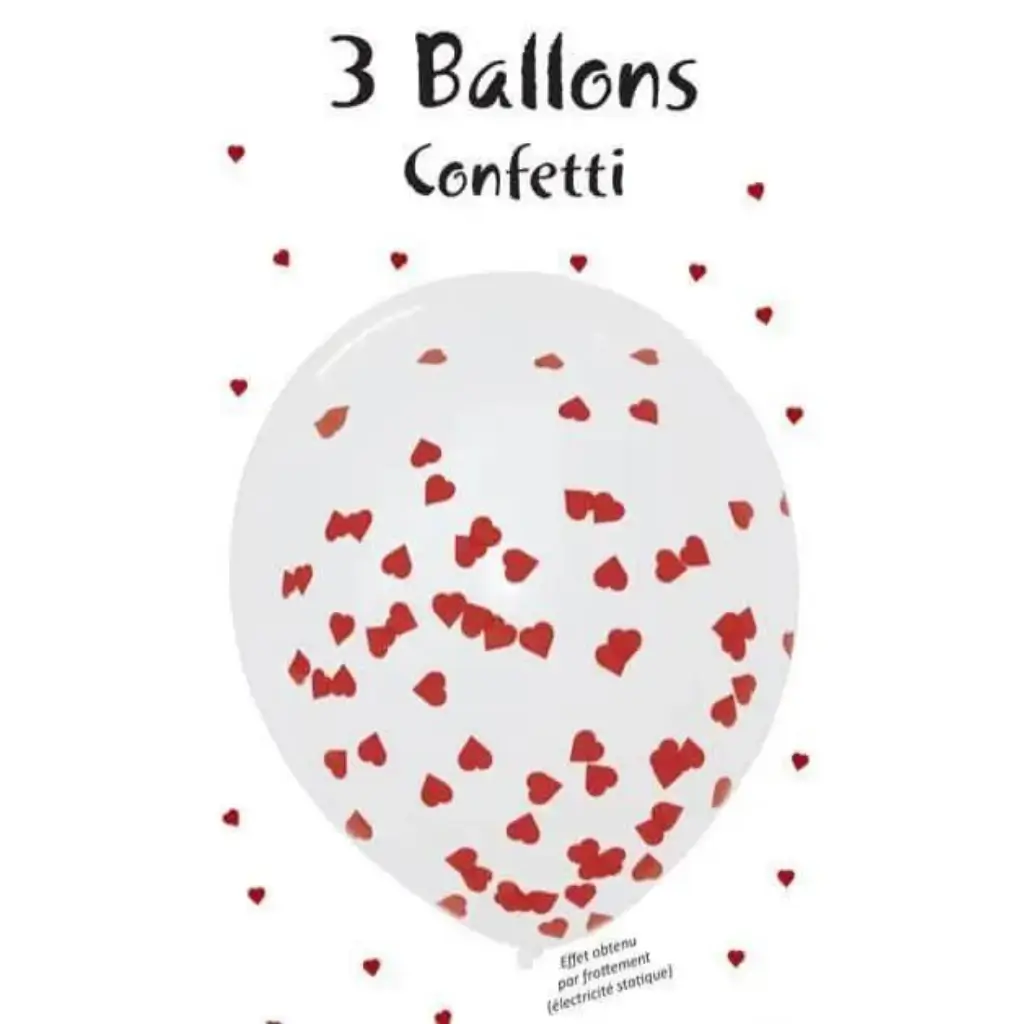 Set di 3 palloncini con coriandoli a forma di cuore rosso