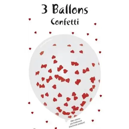 Set di 3 palloncini con coriandoli a forma di cuore rosso