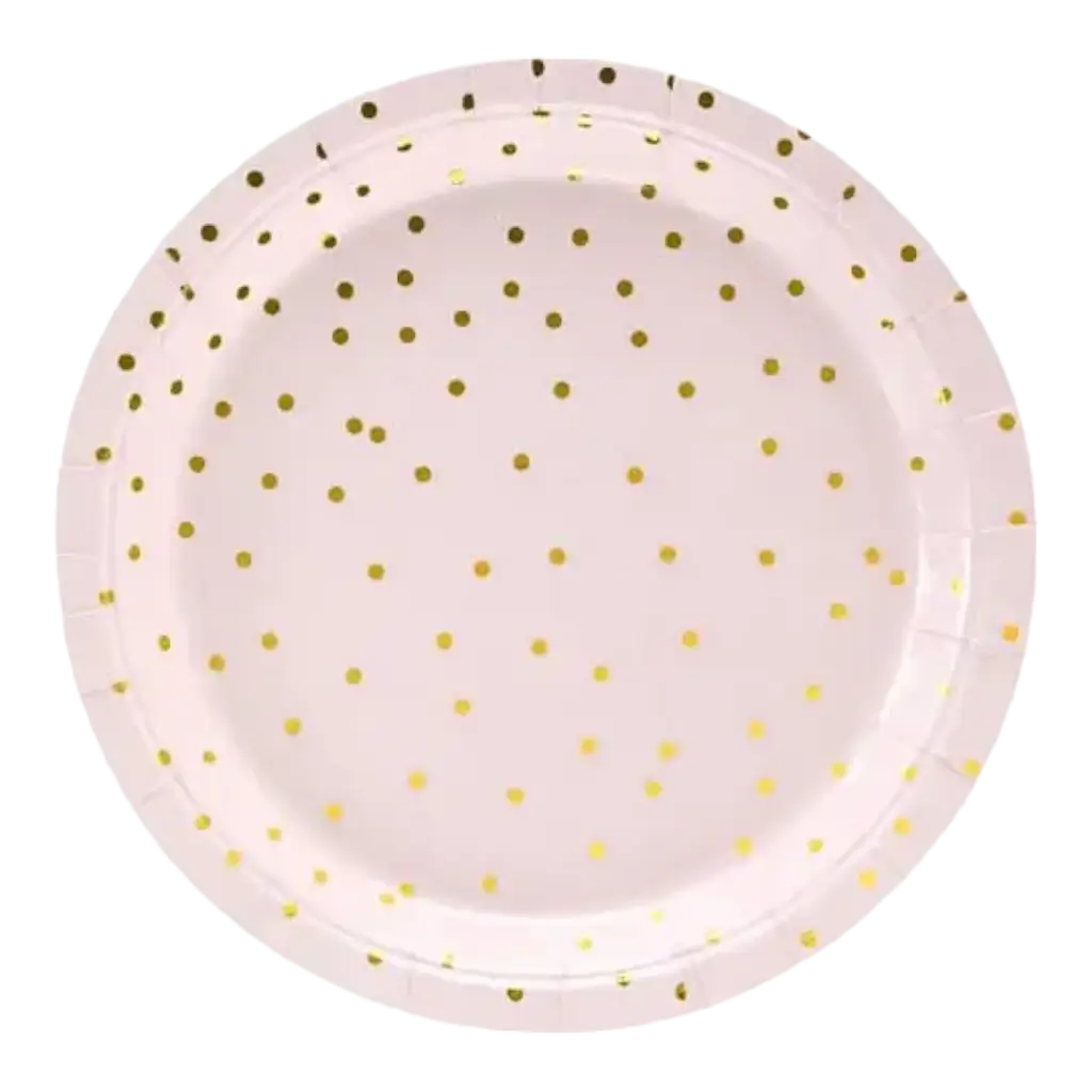Piatto rotondo di carta rosa chiaro con puntini dorati (Set di 6)