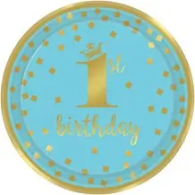 Piatto di carta 1 ° compleanno blu e oro ø18 cm (Set di 8)