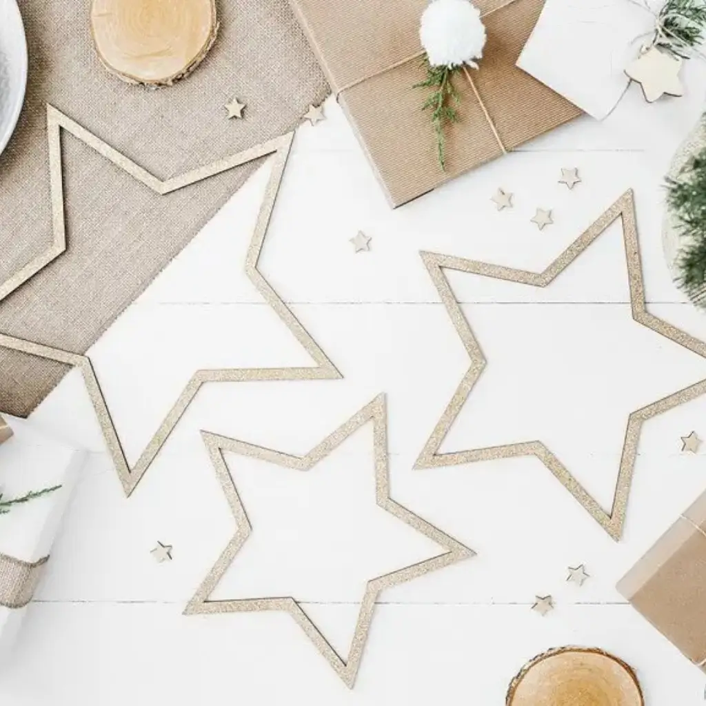 Decorazione in legno oro glitter star (3 pezzi)