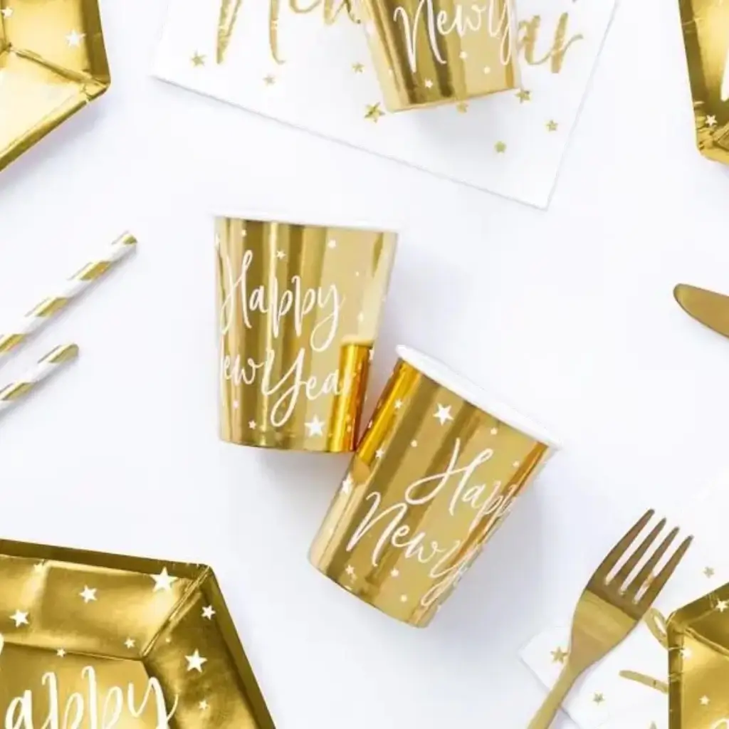 Set di 6 bicchieri di carta oro Happy New Year