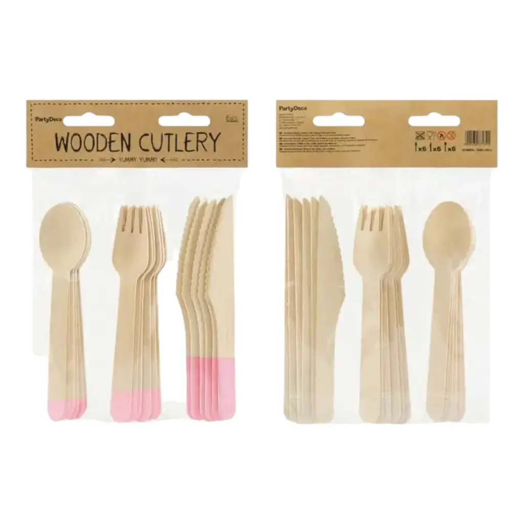 Set di posate in legno stampato rosa (18 pezzi)