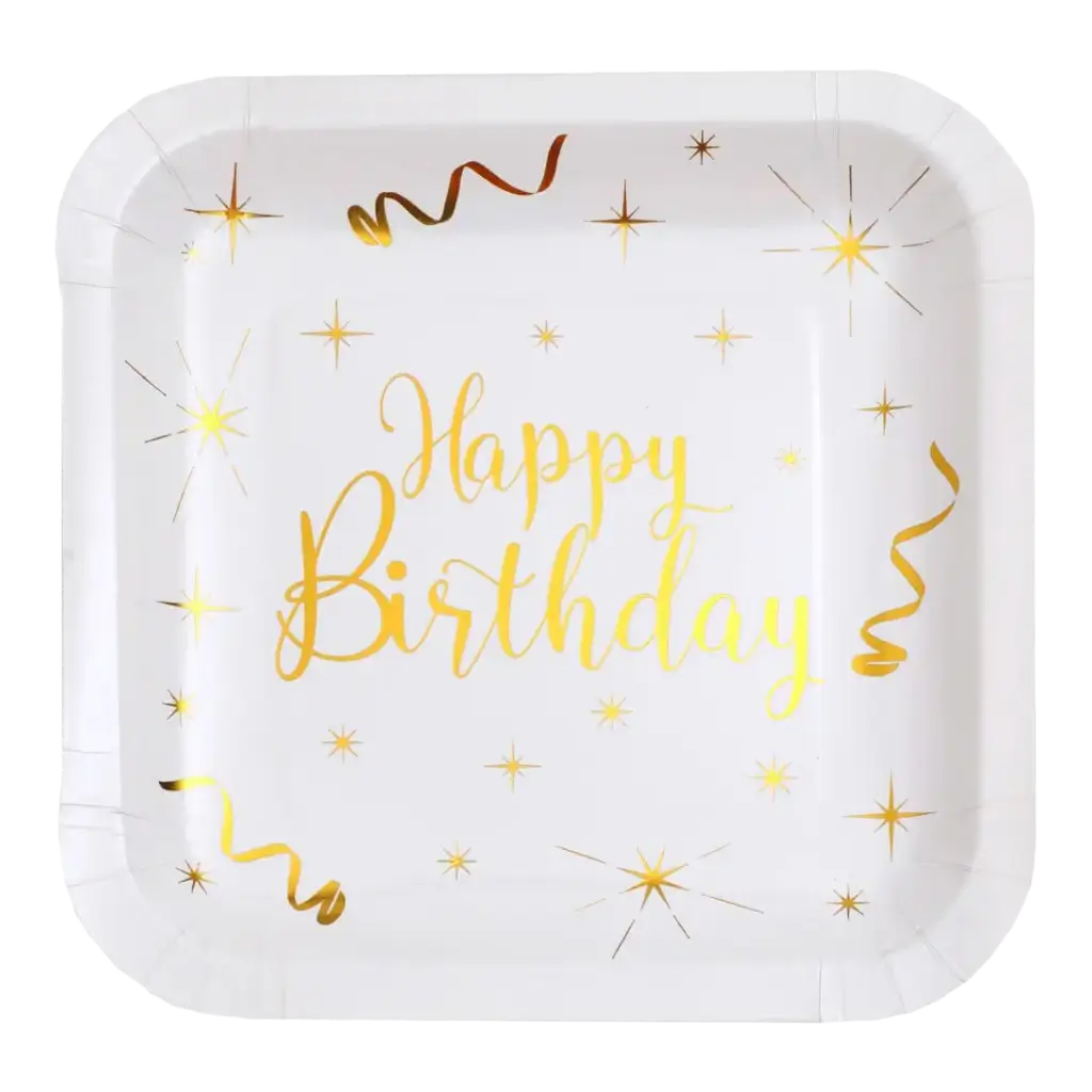 Piatto quadrato di buon compleanno oro/bianco (set di 10)