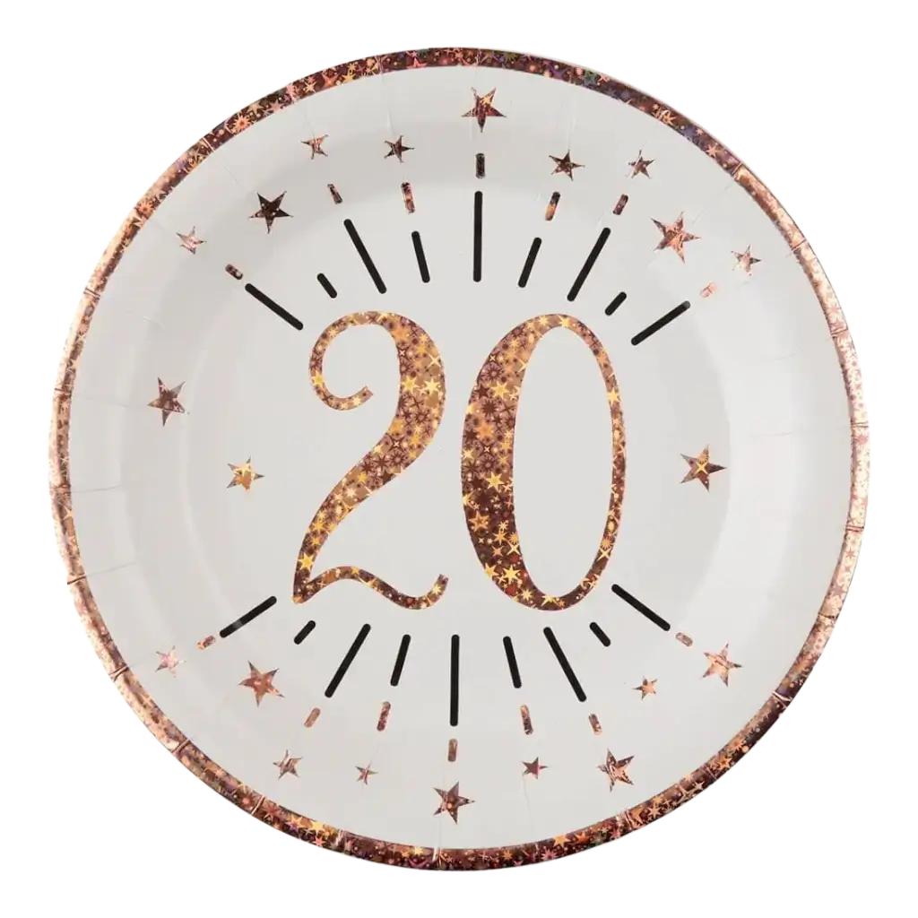 Piatto di carta 20 anni bianco/oro rosa (set di 10)