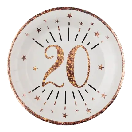 Piatto di carta 20 anni bianco/oro rosa (set di 10)