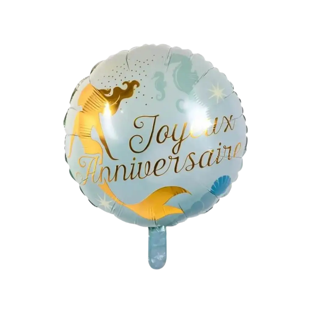 Palloncino in alluminio Sirena "Joyeux Anniversaire" blu e oro