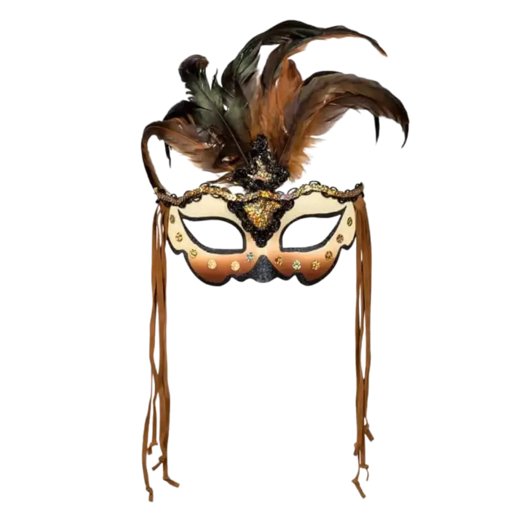 Maschera veneziana con piume e corde beige e marroni