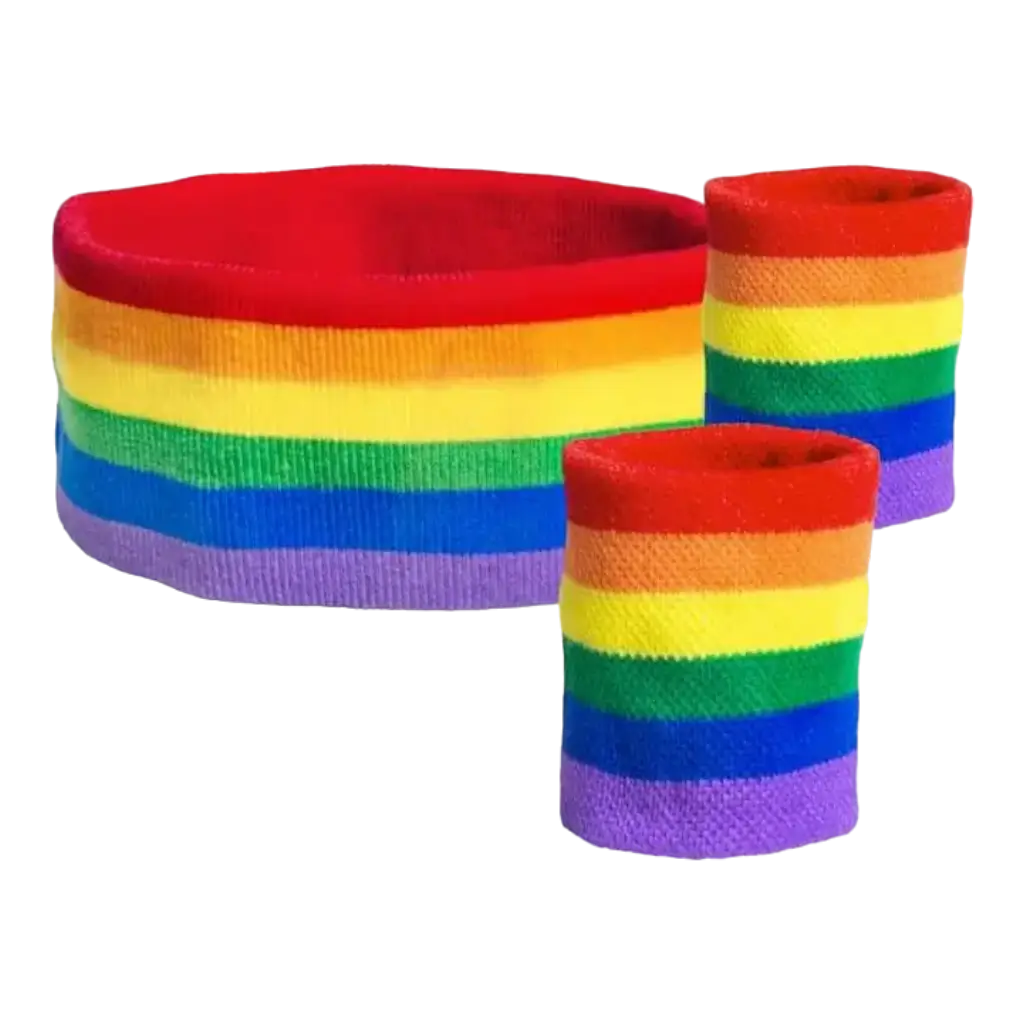 Assortimento di fasce e bracciali in spugna arcobaleno