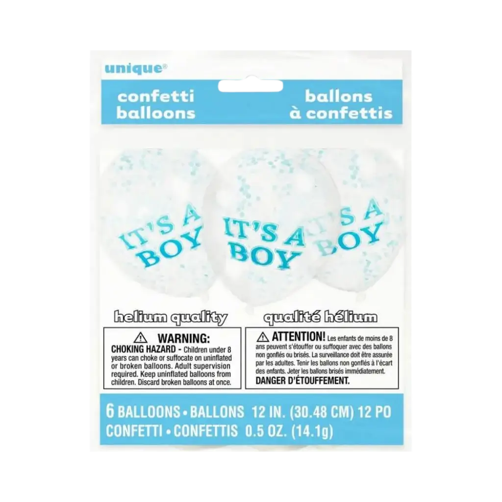 Palloncino Trasparente con Coriandoli Blu x6- It's a BOY- 30cm