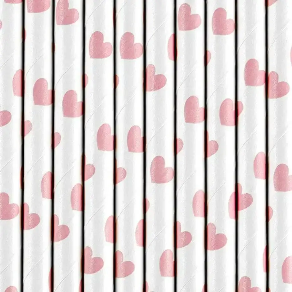 Cannucce di carta bianca con disegno a cuore rosa - CONFEZIONE DA 10
