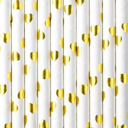 Cannucce di carta bianca con motivo a cuori dorati - CONFEZIONE DA 10