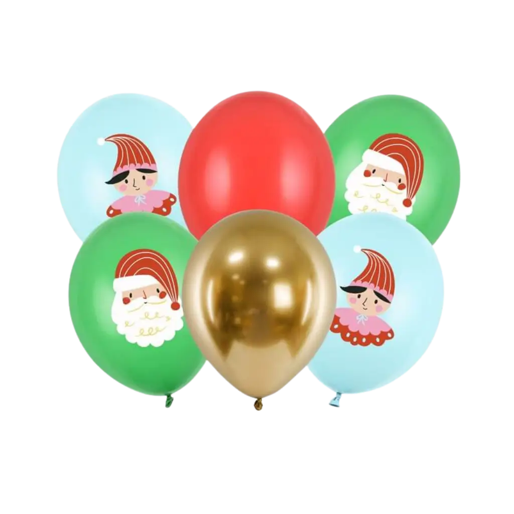 Set di 6 palloncini natalizi stampati - Rosso/Verde/Blu/Oro - 30cm
