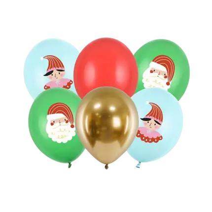 Set di 6 palloncini natalizi stampati - Rosso/Verde/Blu/Oro - 30cm