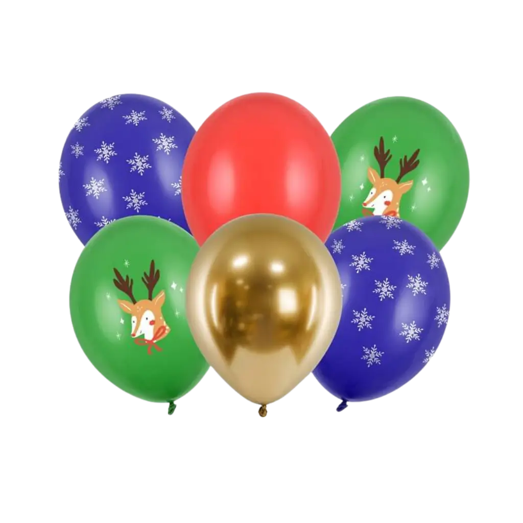 Set di 6 palloncini natalizi stampati - Blu/Verde/Rosso/Oro - 30cm