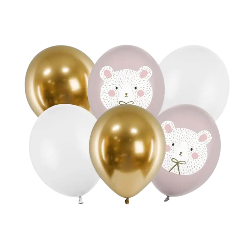 Set di 6 Palloncini Natalizi Stampa Orso - Rosa/Bianco/Oro - 30cm