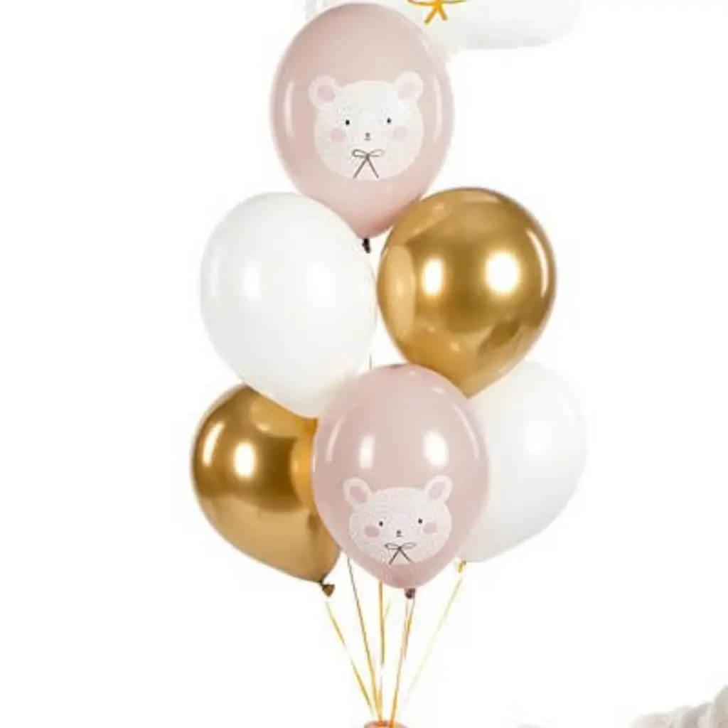 Set di 6 Palloncini Natalizi Stampa Orso - Rosa/Bianco/Oro - 30cm