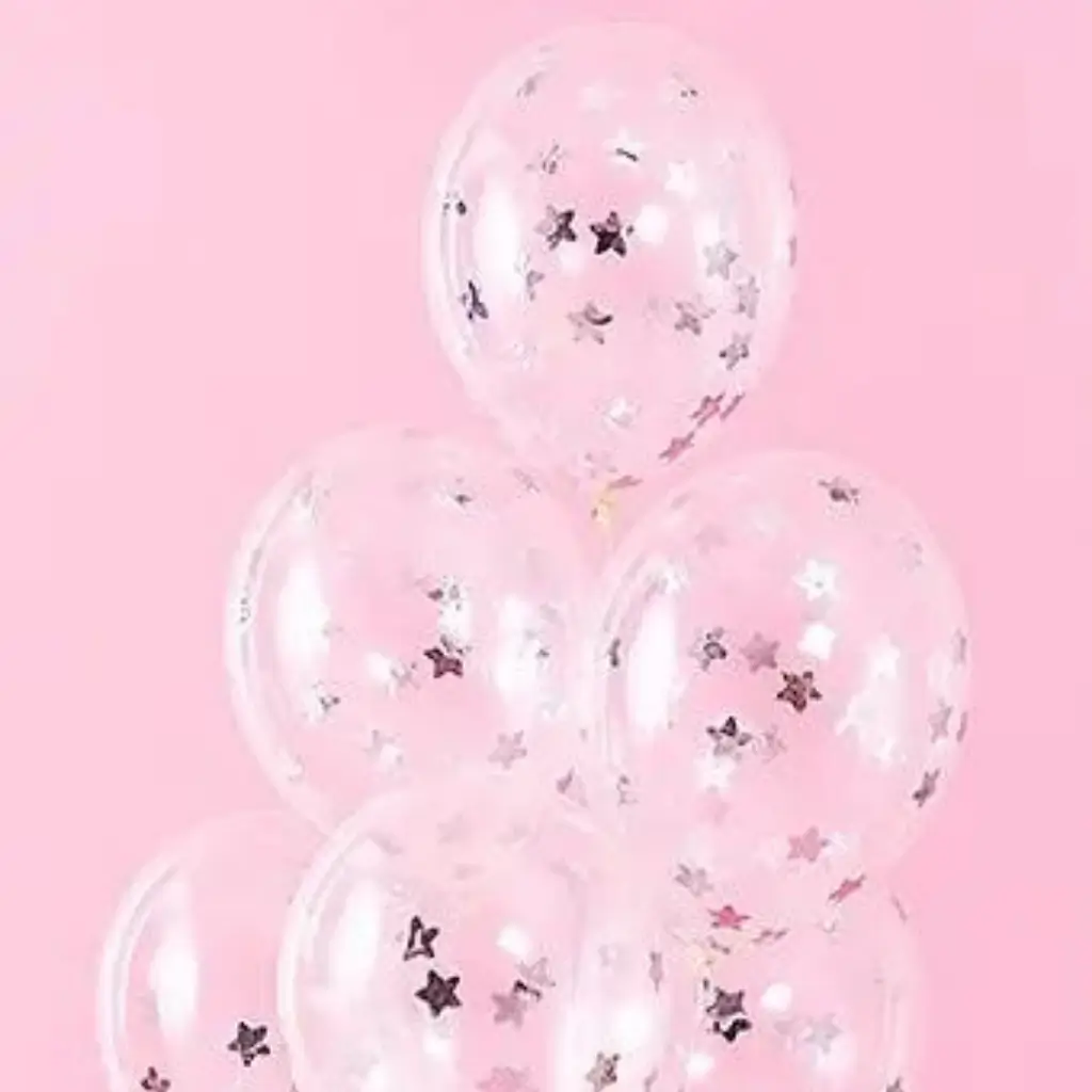 Set di 6 Palloncini Coriandoli Trasparenti - Stella Argento - 30cm