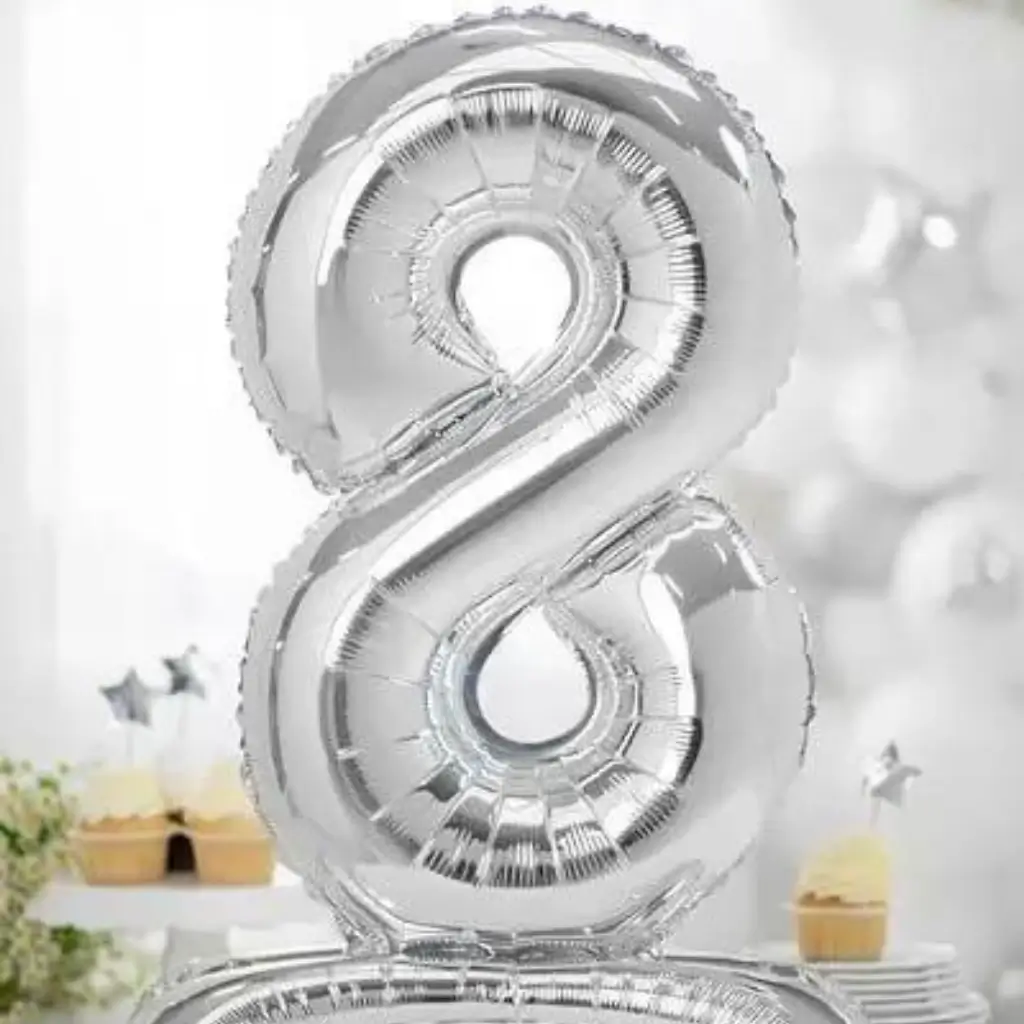 Palloncino Compleanno Numero 8 + Stand Argento 70cm