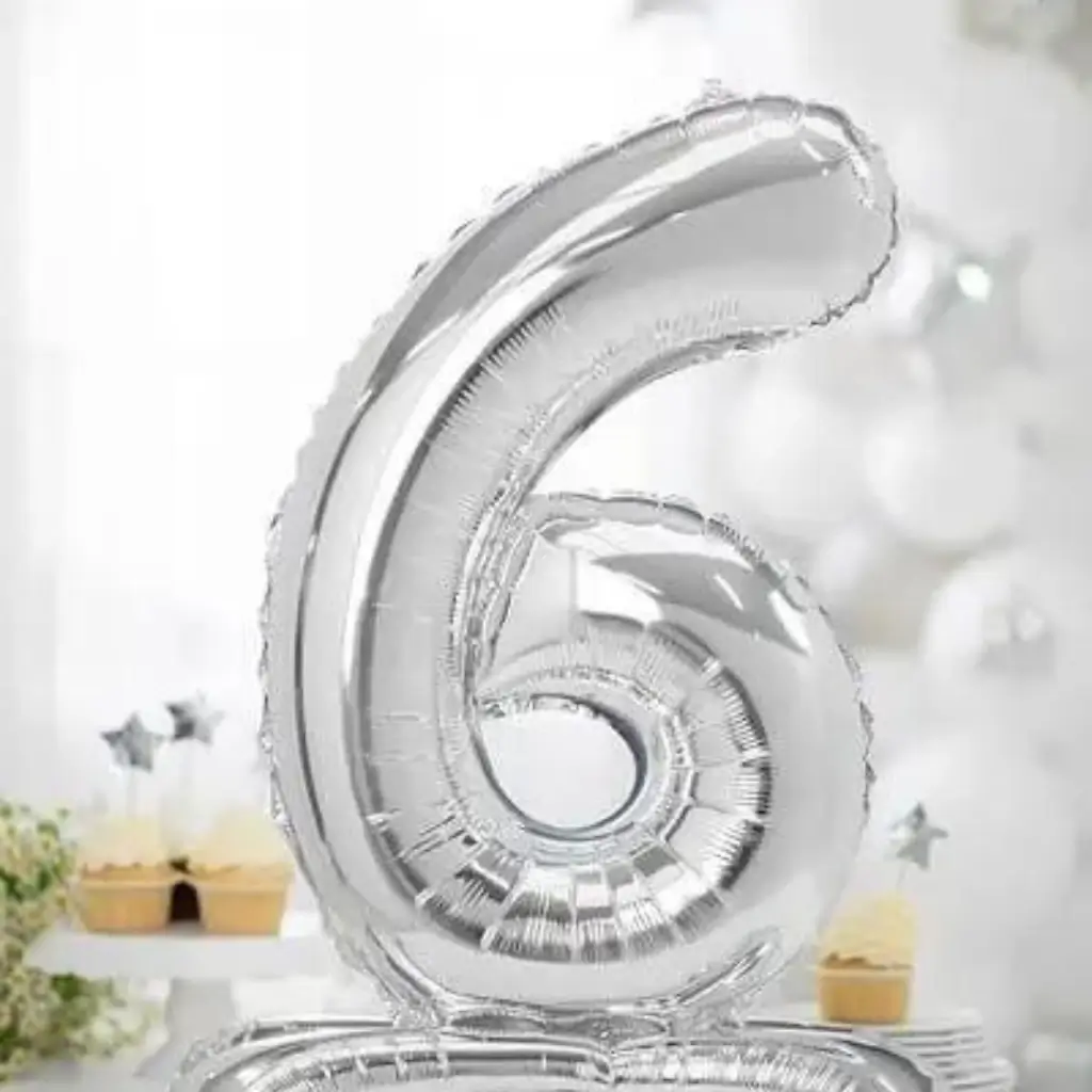 Palloncino Compleanno Numero 6 + Stand Argento 70cm