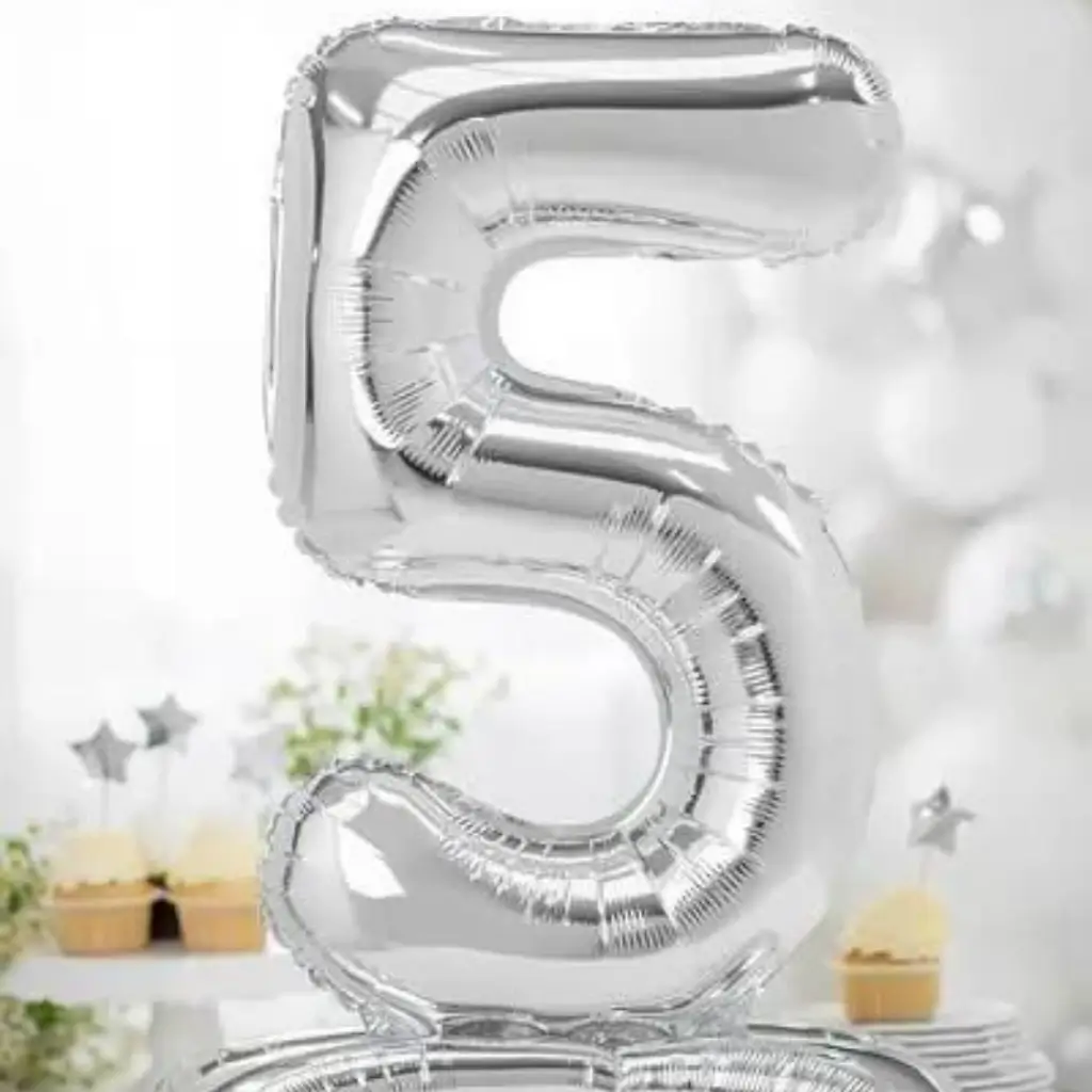 Palloncino Compleanno Numero 5 + Stand Argento 70cm