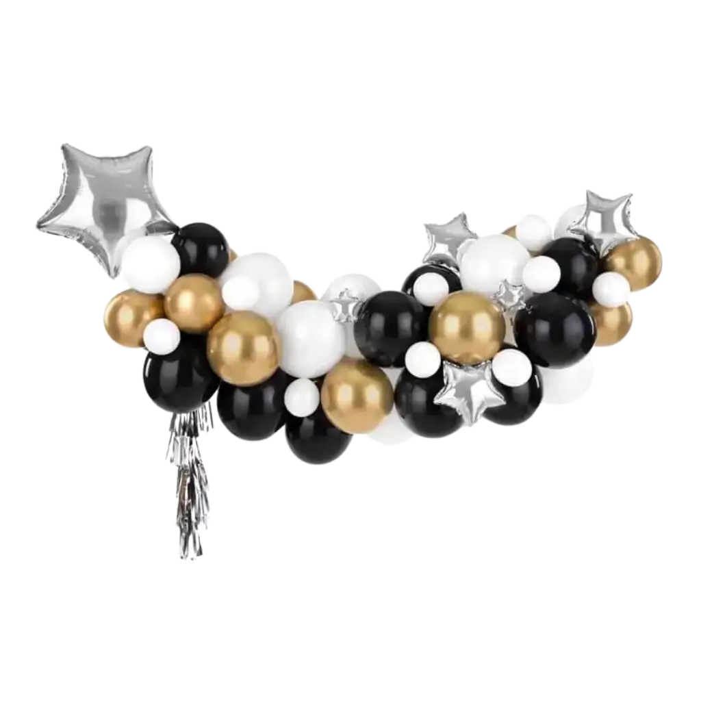 Arco Palloncino Oro e Nero + Stelle Argento - 167x135cm