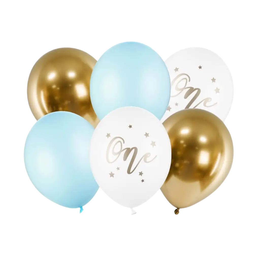 Set di 6 Palloncini 1° Compleanno - Blu/Bianco/Oro - 30cm