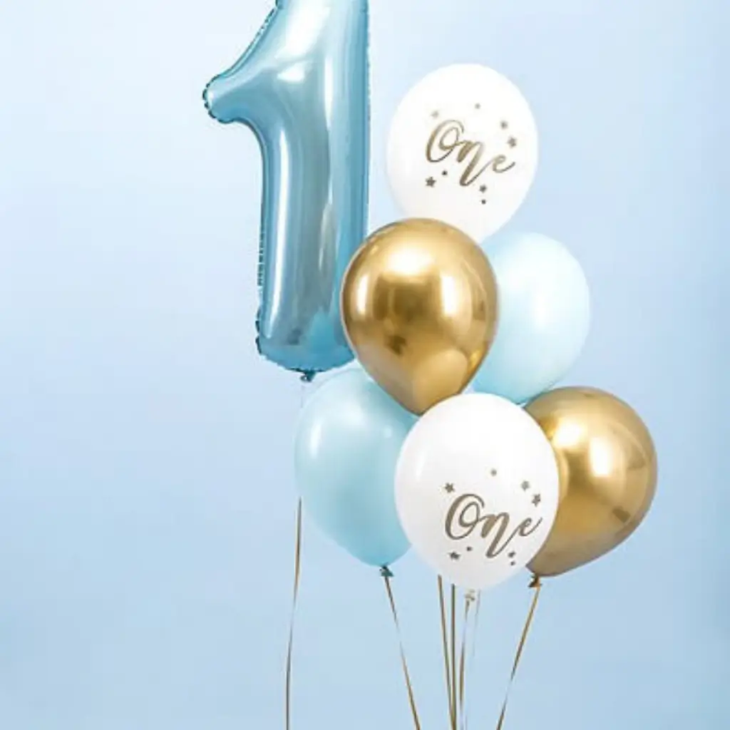 Set di 6 Palloncini 1° Compleanno - Blu/Bianco/Oro - 30cm
