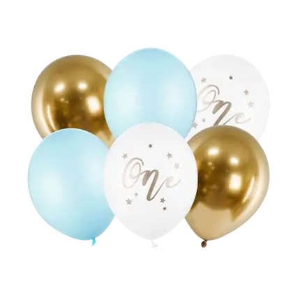 Set di 6 Palloncini 1° Compleanno - Blu/Bianco/Oro - 30cm