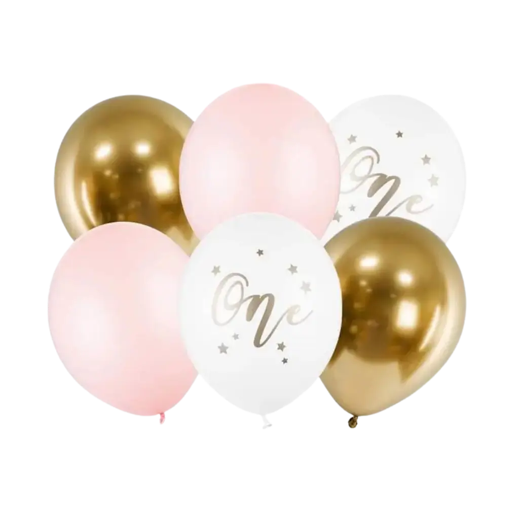 Set di 6 Palloncini 1° Compleanno - Rosa/Bianco/Oro - 30cm