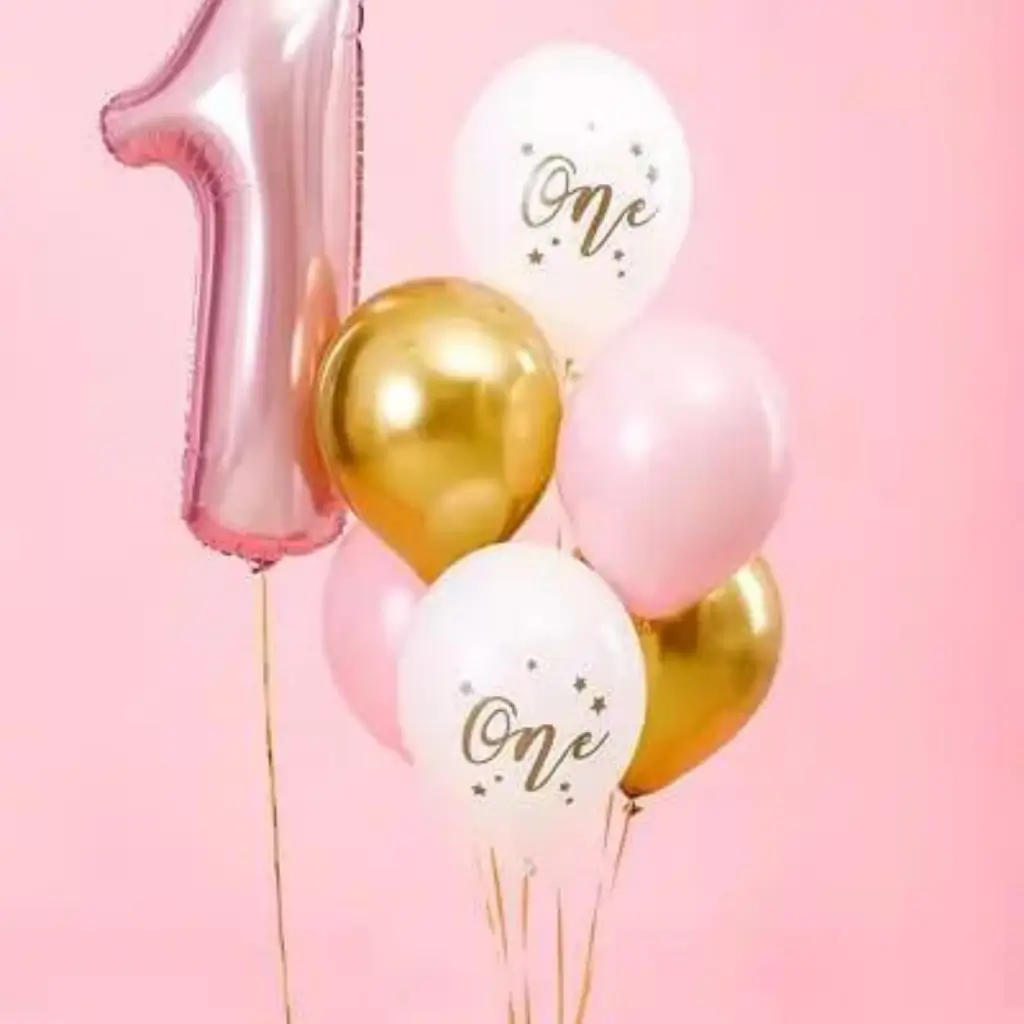 Set di 6 Palloncini 1° Compleanno - Rosa/Bianco/Oro - 30cm