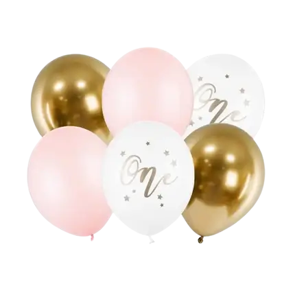 Set di 6 Palloncini 1° Compleanno - Rosa/Bianco/Oro - 30cm