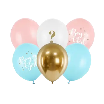 Set di 6 Palloncini Ragazza o Ragazzo Blu/Rosa/Oro - 30cm