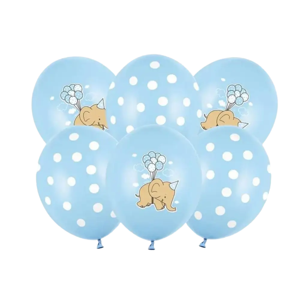 Set di 6 Palloncini Blu - Pois Bianchi/Elefante - 30cm