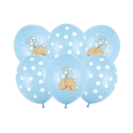 Set di 6 Palloncini Blu - Pois Bianchi/Elefante - 30cm