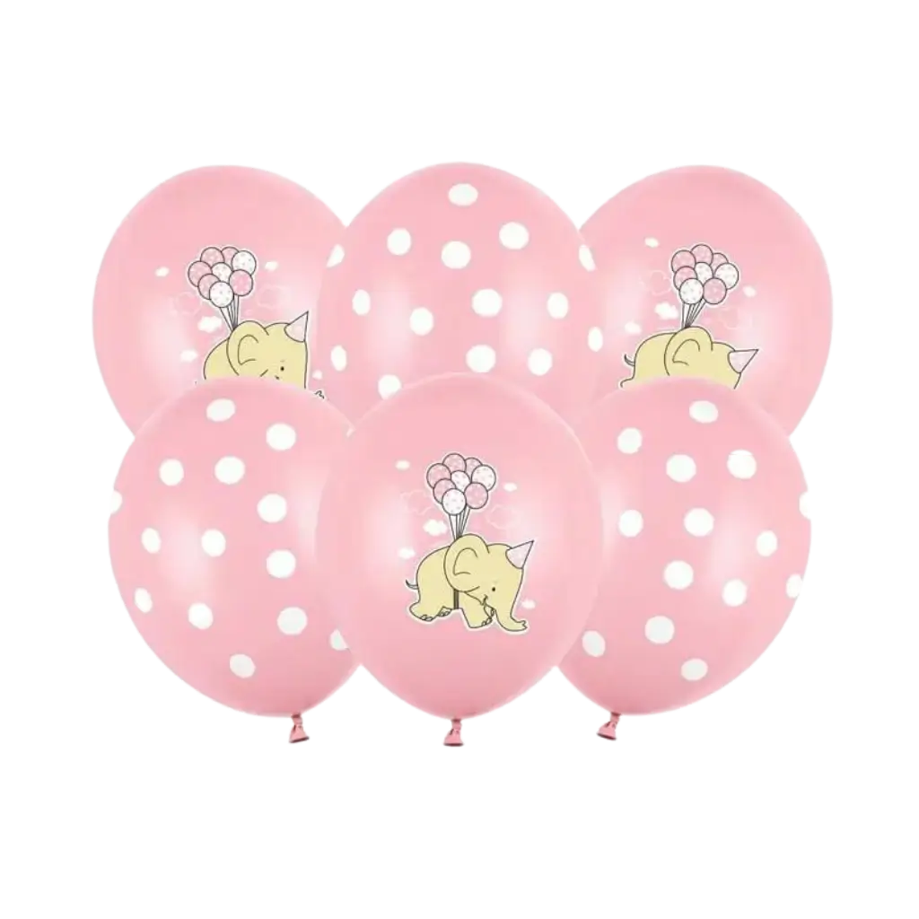 Set di 6 Palloncini Rosa Pastello - Pois Bianchi/Elefante - 30cm