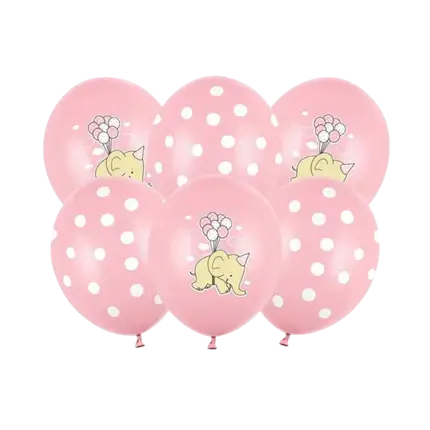 Set di 6 Palloncini Rosa Pastello - Pois Bianchi/Elefante - 30cm