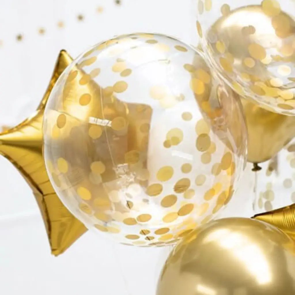 Palloncino Mylar - Trasparente con Pois Oro - 40cm